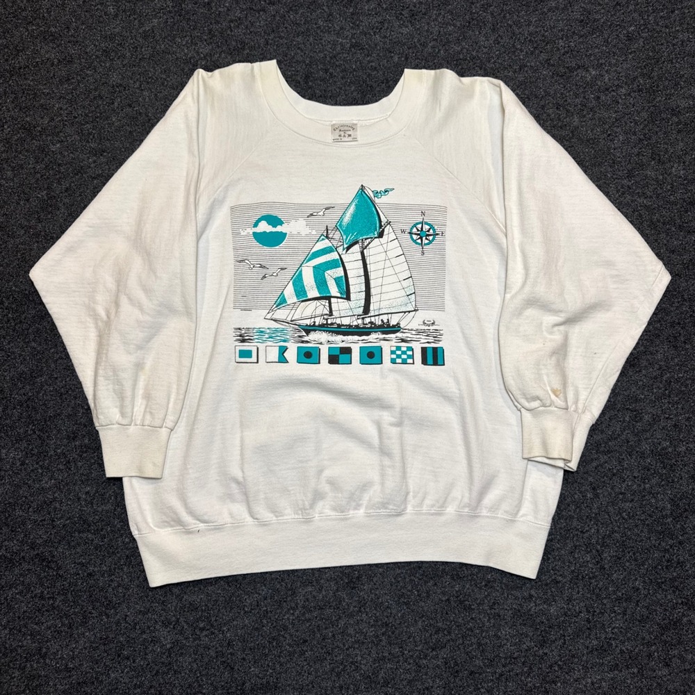 Vintage Chrisjeanley Fashions Sailboat Sweatshirt XL White Teal Nautical USA